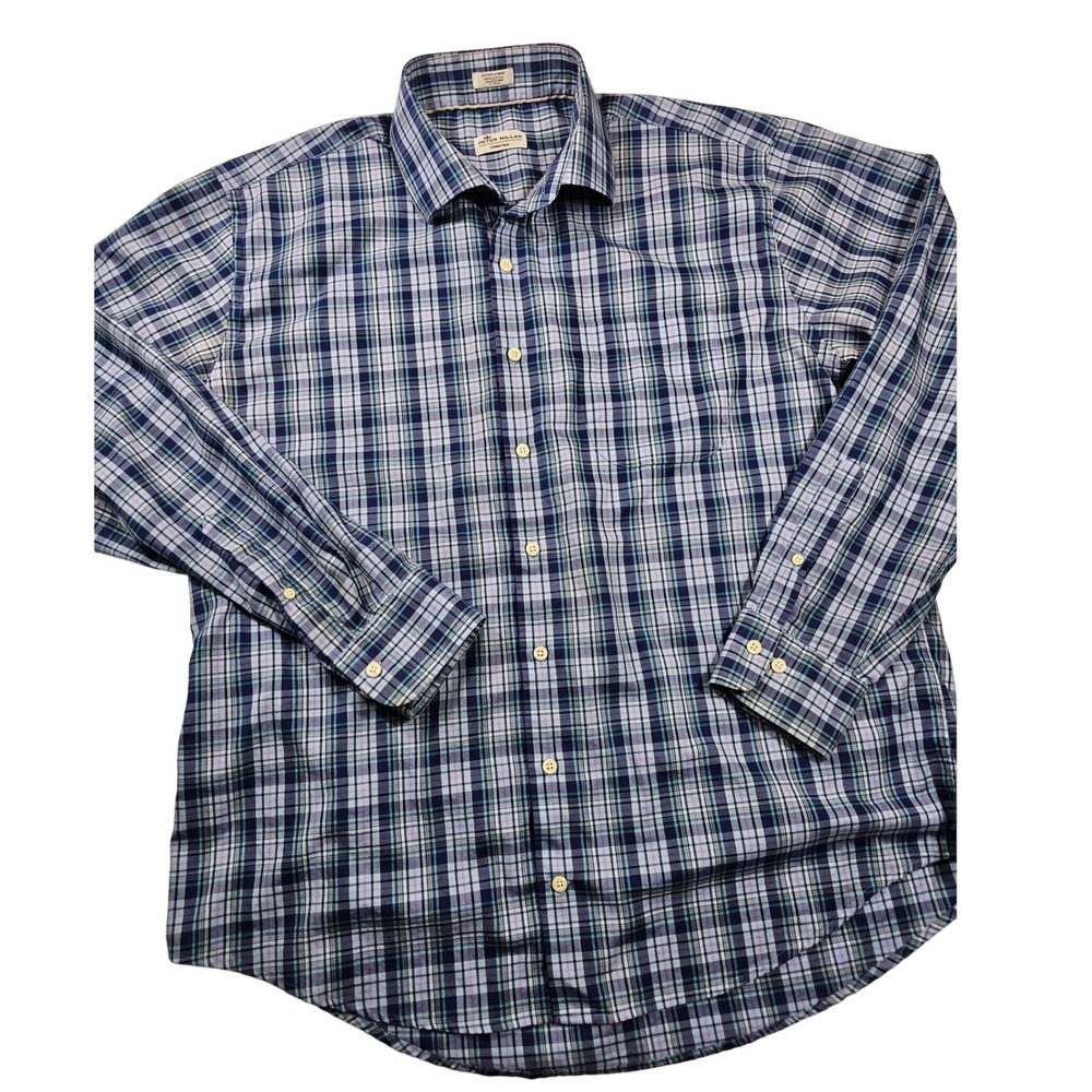 Peter Millar Crown Ease Mens XL Blue Plaid Cotton Long Sleeve Button Down Shirt